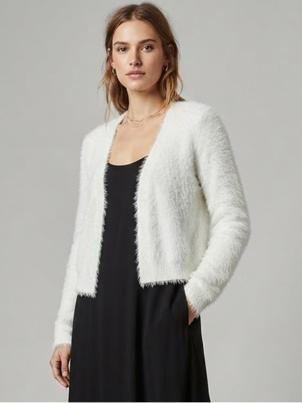 Rich & Famous White Fuzzy Cardigan Size Medium